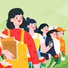 各种职业的女性开心的站在花丛中矢量插画海报